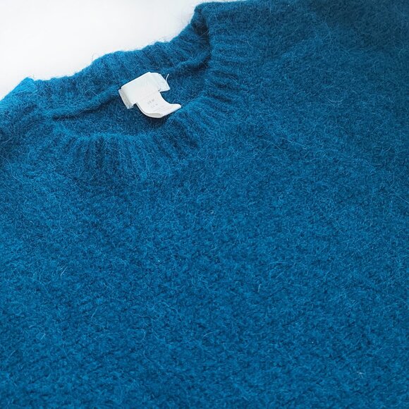 Women's Fuzzy Oversized Cropped Sweater Teal Blue/Green Crew Neck - Picture 2 of 5